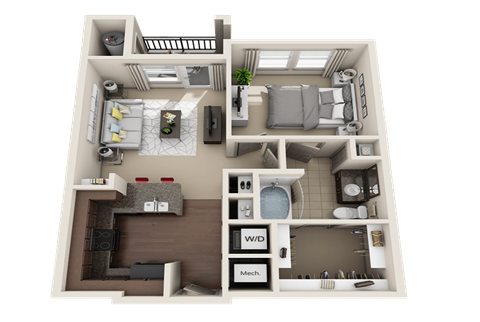 Floor plan for 1 bed, 1 bath, 913 sqft